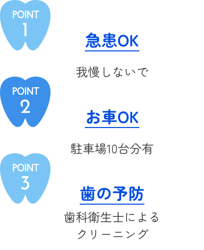 POINT1急患OK!我慢しないで　POINT2お車OK!駐車場10台分有　POINT3歯の予防　歯科衛生士によるクリーニング